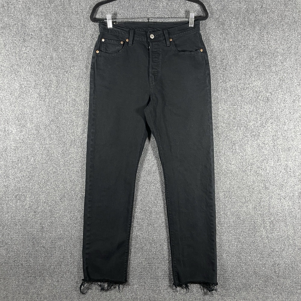 Levis 501 Button Fly Jeans Black Frayed Hem Stretch Womens Size 29x30 #2734